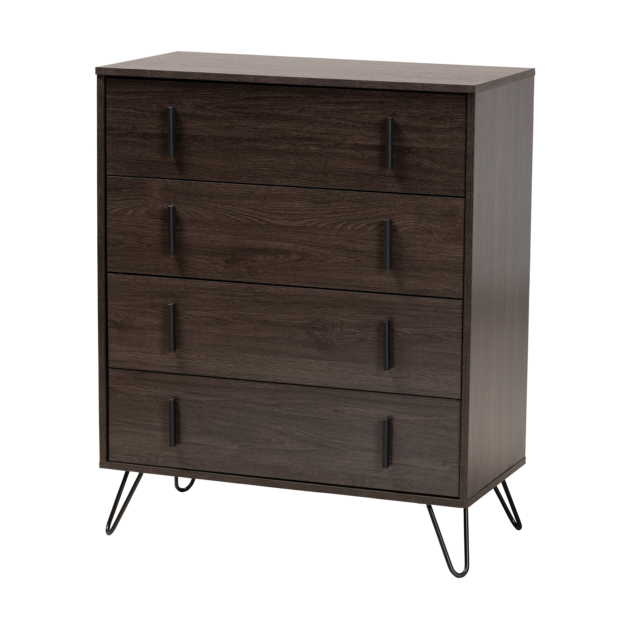Baxton Studio Baldor Modern and Contemporary Dark Brown Finished Wood and Black Metal 4-Drawer Bedroom Chest Affordable modern furniture in Chicago, classic bedroom furniture, modern chest, cheap chest